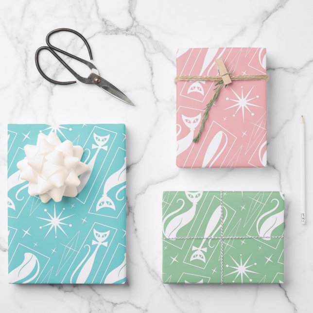 Atomic Star Cat MidCentury Modern Christmas Pastel Wrapping Paper Sheet (Front)