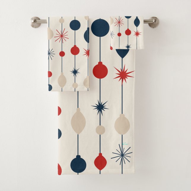 Atomic Starburst Mid Century Modern Christmas Bath Towel Set (Insitu)