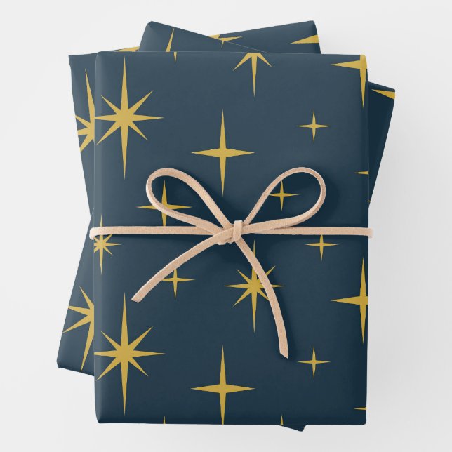 Atomic Starburst Navy, Mustard Wrapping Paper Sheet (In situ)