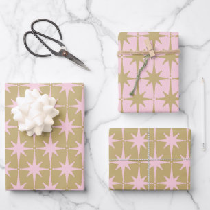 Atomic Starburst Pattern in Pastel Pink and Buff Wrapping Paper Sheet
