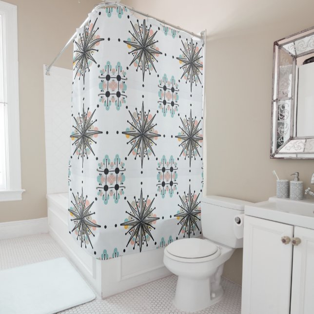 Atomic Starburst Retro Mid Century Modern Shower Curtain (In Situ)
