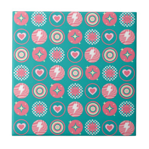 Atomic Starburst Sparkle Heart Retro Blue Pattern Tile