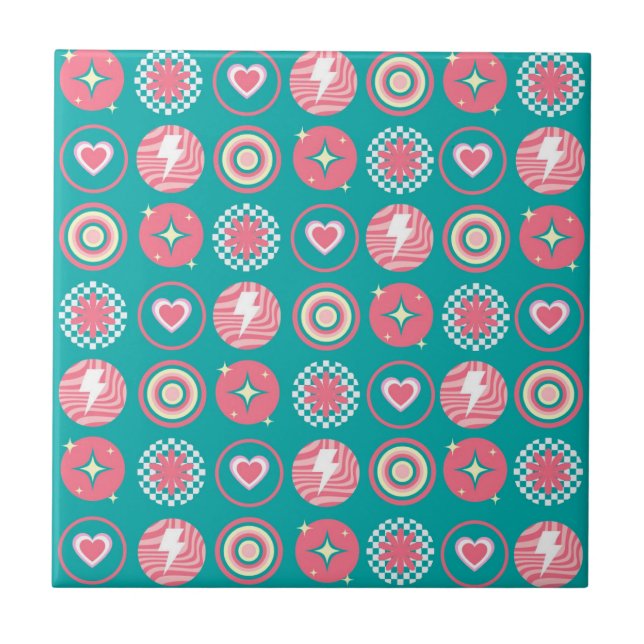 Atomic Starburst Sparkle Heart Retro Blue Pattern Tile (Front)