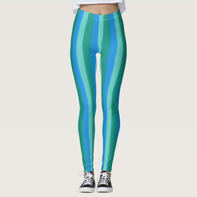 Atomic Teal and Turquoise Stripes Leggings (Front)