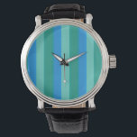 Atomic Teal & Turquoise Stripes Leather Watch<br><div class="desc">This Atomic Teal and Turquoise Stripes Leather Watch pattern is styled after classic, mid century modern, upholstery fabric, with simulated nubby texture. The retro wide and thin stripes alternate in shades of teal, turquoise, and vibrant, sky blue. The tranquil colours might remind you of a day at the beach, but...</div>