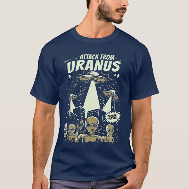 Attack From Uranus Retro Space Alien UFO Comic Boo T-Shirt (Front)