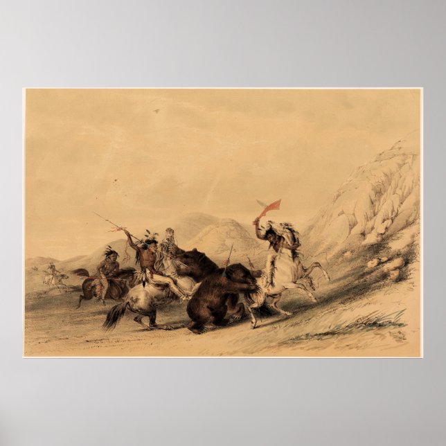 Attacking the Grizzly Bear, 1844 George Catlin Poster (Front)
