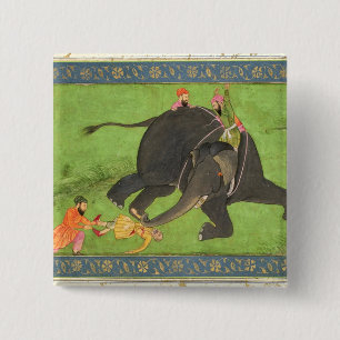 Attendants rescue a fallen man from an enraged ele 15 cm square badge