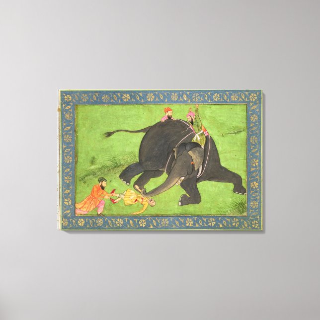 Attendants rescue a fallen man from an enraged ele canvas print (Front)