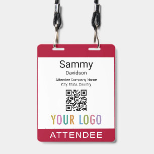 Attendee Name Badge QR Code Event Logo Dark Red ID Badge
