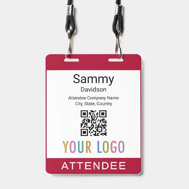 Attendee Name Badge QR Code Event Logo Dark Red ID Badge (Front with Lanyard)
