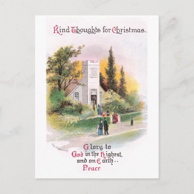 Attending Church on Christmas Vintage Holiday Postcard (Front)