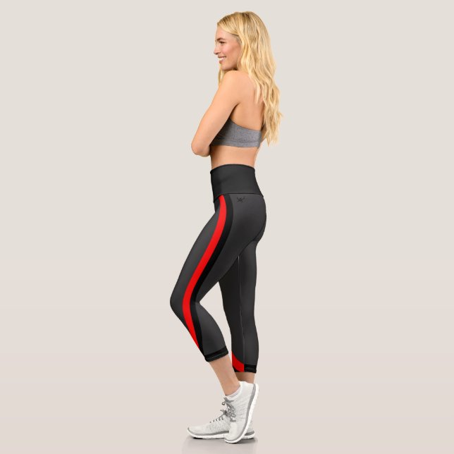 Attoni Dark Gray Red and Black Side Stripe Sports Capri Leggings (Left)