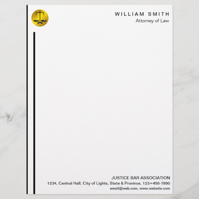 Attorney At Law Black Gold Scale Lawyer Justice Custom Letterhead (Front)