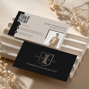 Attorney At Law Black Luxe Monogram QR Code Photo Business Card