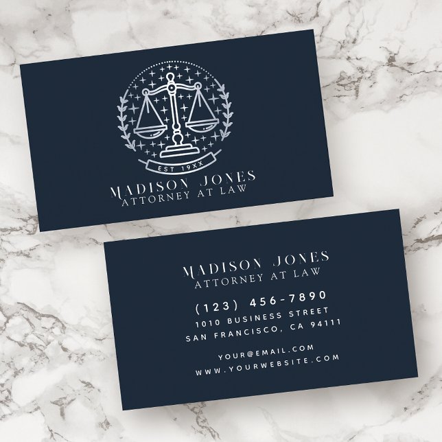 Attorney at Law Blue and Silver Lawyer Business Business Card (Creator Uploaded)