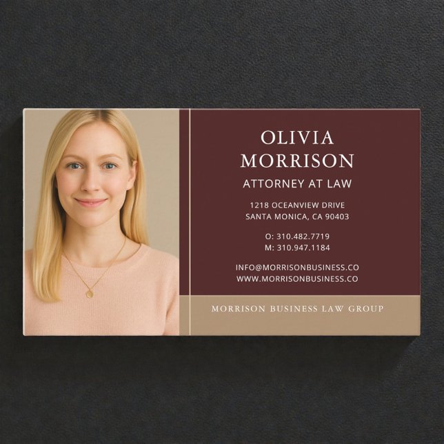 Attorney at Law Burgundy Gold Photo Business Card (Creator Uploaded)