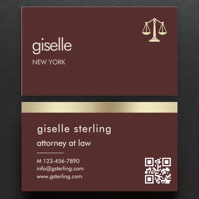 Attorney at Law Burgundy Gold Scales of Justice  Business Card (Creator Uploaded)