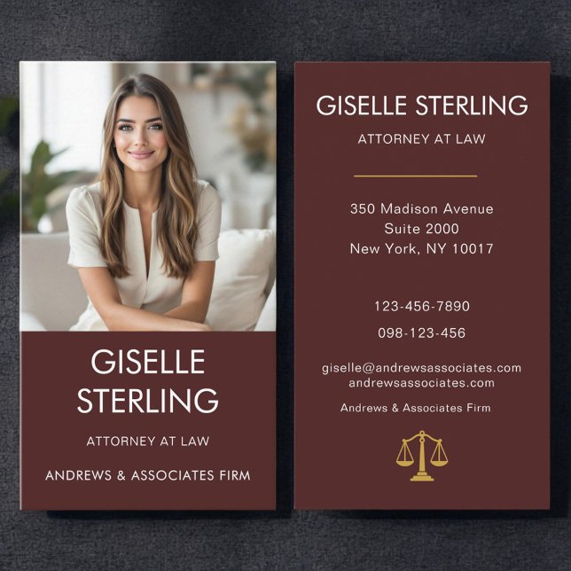 Attorney at Law Burgundy Professional Photo  Business Card (Creator Uploaded)