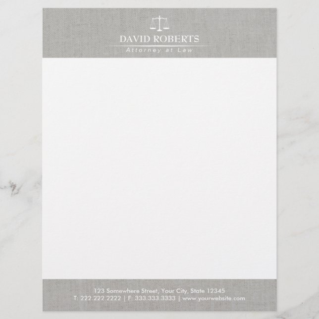 Attorney at Law Classy Linen Law Scales Lawyer Customised Letterhead (Front)