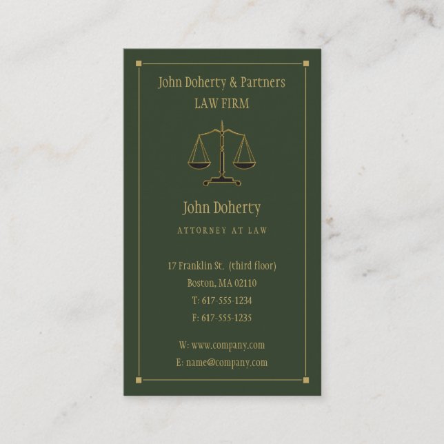 Attorney at Law | Elegant Gold Green Business Card (Front)