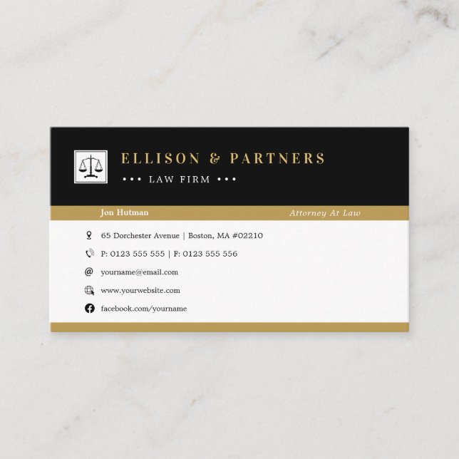 Attorney at Law | Elegant Professional Gold Black Business Card (Front)