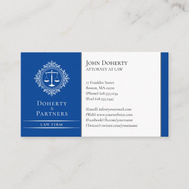 Attorney at Law | Elegant Scales Dark Blue Business Card (Front)