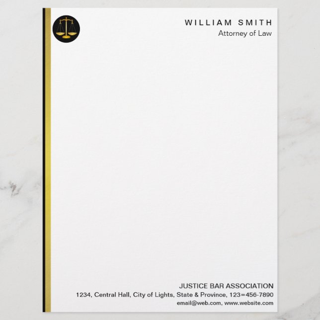 Attorney At Law Faux Gold Scale Lawyer Justice Custom Letterhead (Front)