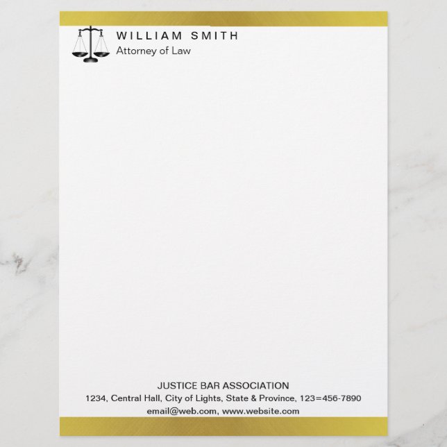 Attorney At Law Gold Metal Legal Scale Lawyer Custom Letterhead (Front)