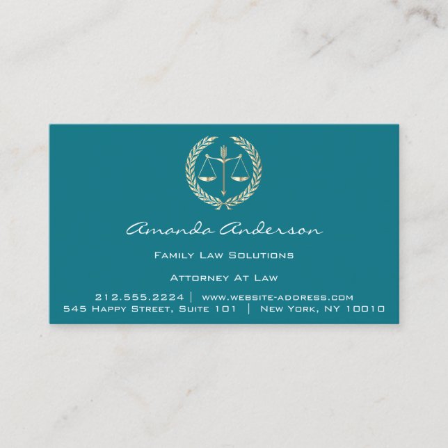 Attorney at Law Gold Scale Lawyer Custom Teal Blue Business Card (Front)