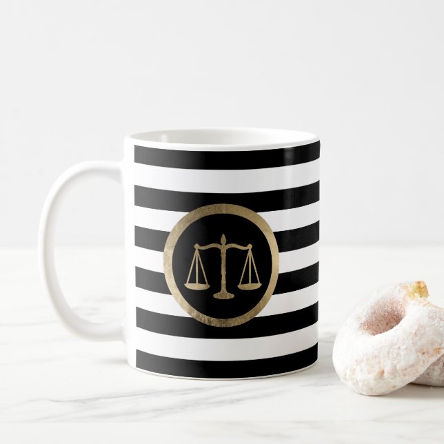 Attorney at Law Gold Scale Modern Stripes Lawyer Coffee Mug (With Donut)