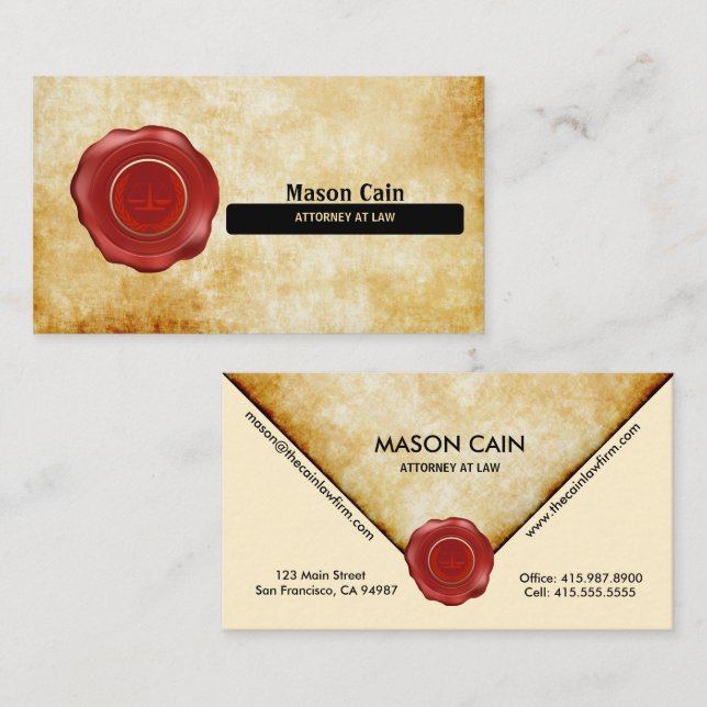 Attorney at Law Gold with Red Seal Business Cards (Front/Back)