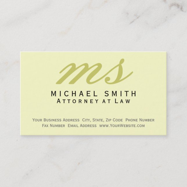 Attorney at Law Monogram Yellow Business Card (Front)