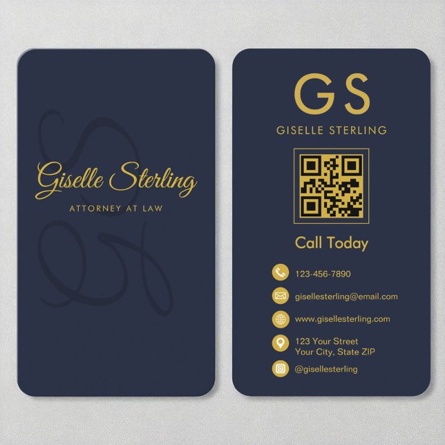 Attorney at Law Navy Blue Gold QR Code Monogram Business Card (Creator Uploaded)