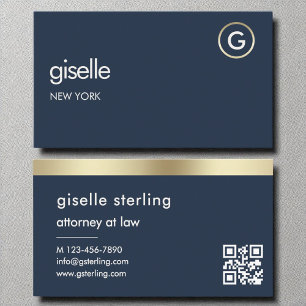 Attorney at Law Navy Blue QR Code Gold Monogram Business Card