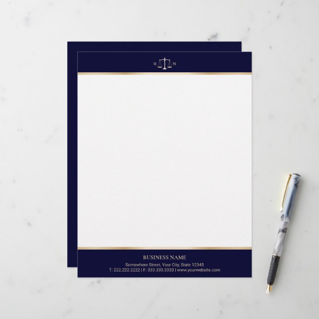 Attorney at Law Navy & Gold Law Office Lawyer  Custom Letterhead (Front/Back In Situ)