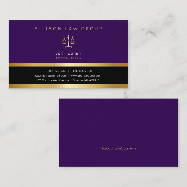 Attorney at Law | Professional Gold Purple Business Card (Front/Back)