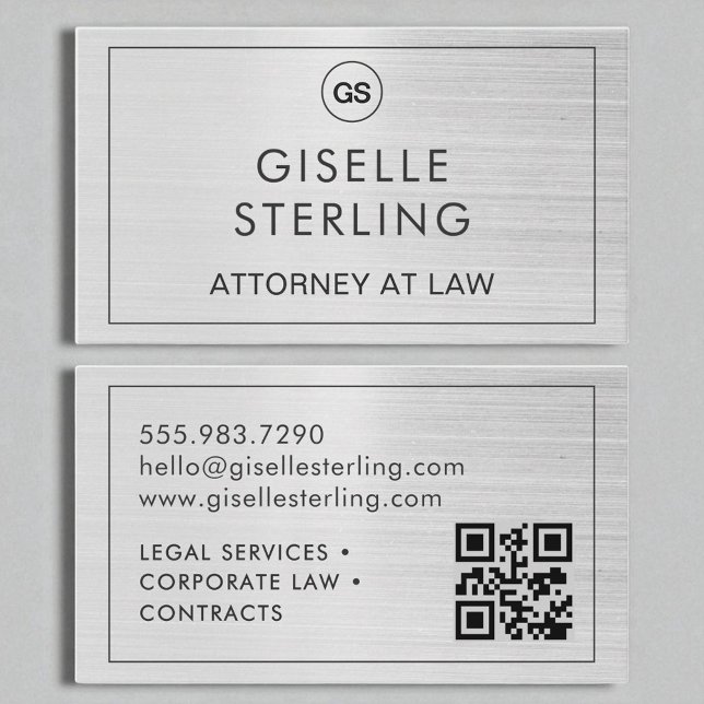 Attorney at Law QR Code Brushed Silver Monogram  Business Card (Creator Uploaded)