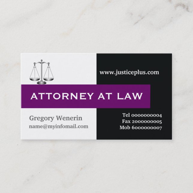 Attorney at law scale of justice purple, black business card (Front)