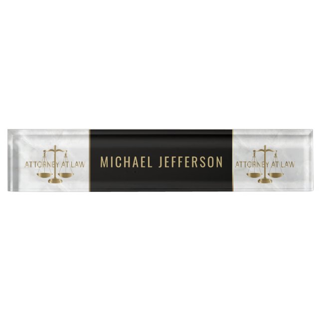 Attorney at Law  - White Marble, Black & Gold Nameplate (Front)