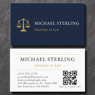 Attorney Law Firm Navy Blue Gold QR Code  Business Card
