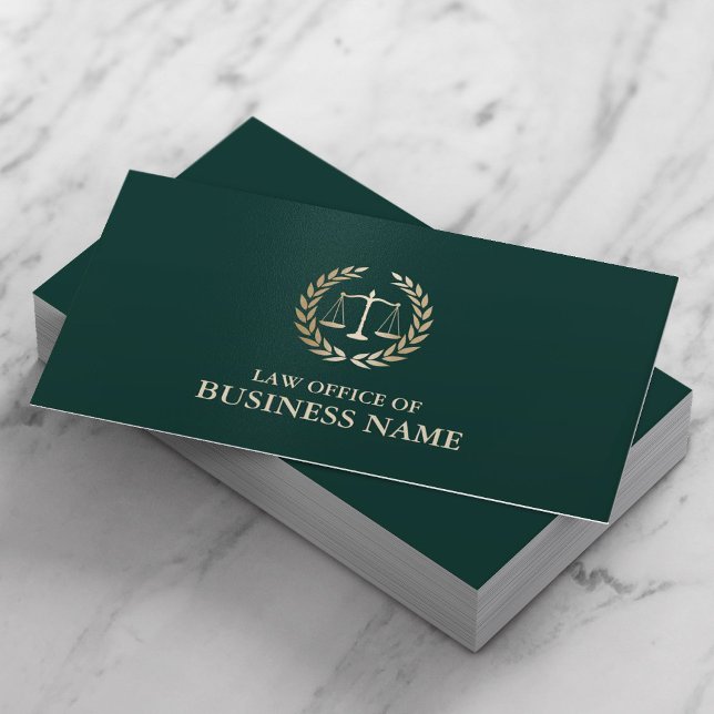 Attorney Lawyer Gold Scale of Justice DarkGreen Business Card (Creator Uploaded)