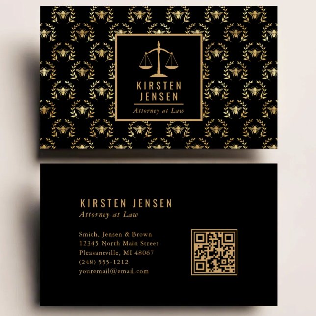 Attorney QR Code Black Gold Bee Laurel Pattern Business Card (Creator Uploaded)