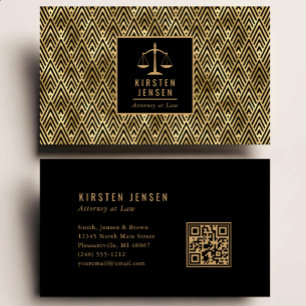 Attorney QR Code Black Gold Geometric Deco Pattern Business Card