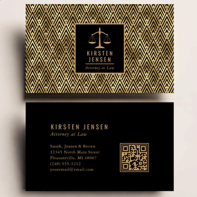 Attorney QR Code Black Gold Geometric Deco Pattern Business Card (Creator Uploaded)