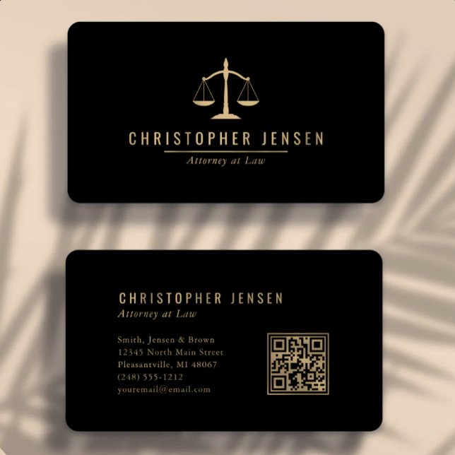Attorney QR Code Black Gold Scales Rounded Business Card (Creator Uploaded)