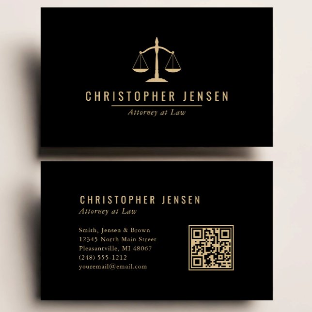 Attorney QR Code Black Gold Scales Simple Business Card (Creator Uploaded)