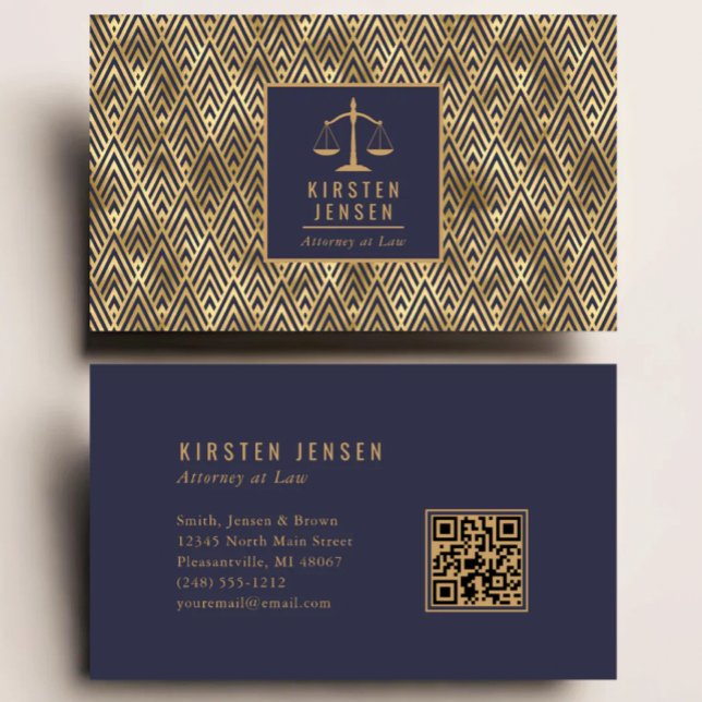 Attorney QR Code Blue Gold Geometric Deco Pattern Business Card (Creator Uploaded)