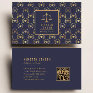 Attorney QR Code Dark Blue Gold Bee Laurel Pattern Business Card