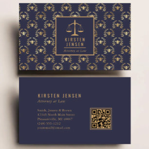 Attorney QR Code Dark Blue Gold Bee Laurel Pattern Business Card